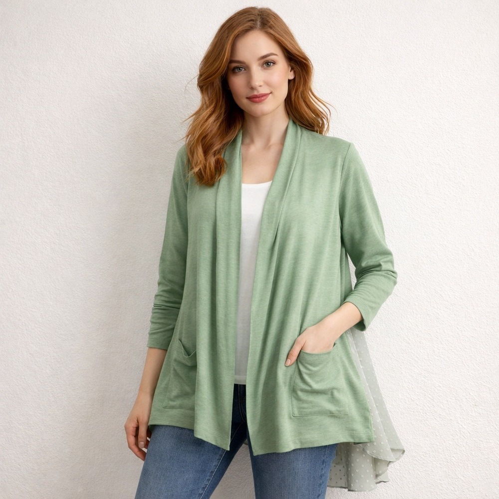 LOGO Lounge Cardigan Womens XL Sage Green Open Front Chiffon Swiss Dot Pockets‎